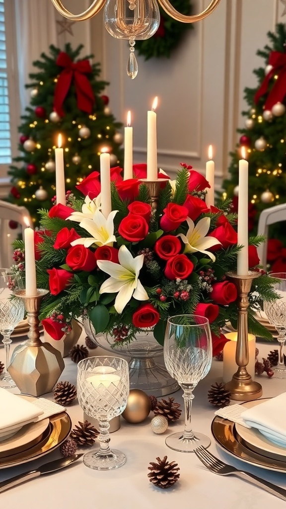 Elegant Christmas dinner table with a floral centerpiece, candles, and festive decorations.